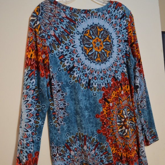 AWULIFFAN Long Sleeves Colorful Prints Pattern Long Back Stretchy Top Blouse M - Picture 4 of 4